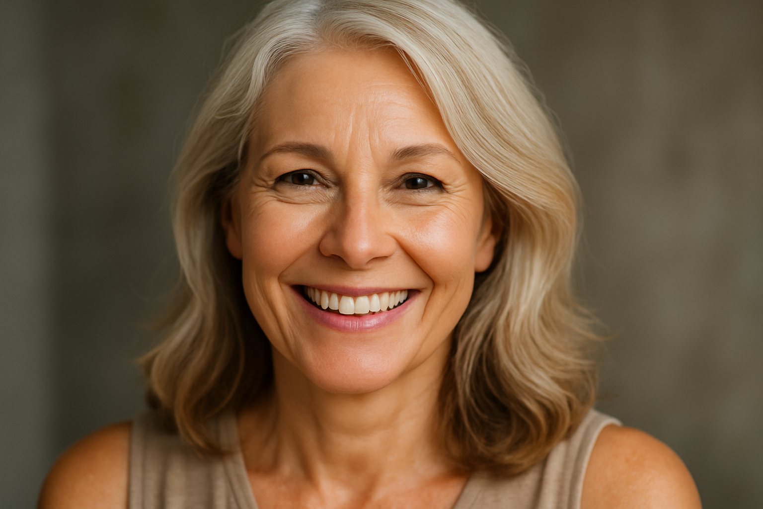 a face shot of a white woman in her 50's. She's smiling at the camera and her skin has a healthy glow.