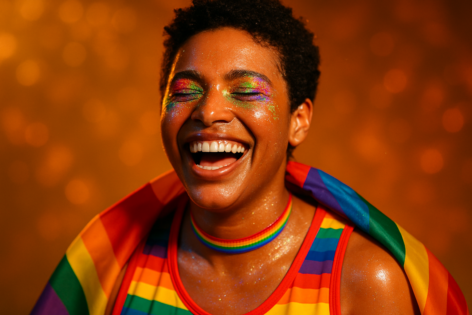 An image of a non binary brown skinned person in their 20's. They are dressed in Pride themed clothes. They are laughing. The have glitter makeup on and their skin is shimmering